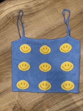 VRG GRL Blue Knit Smile Face Crop Tank Top